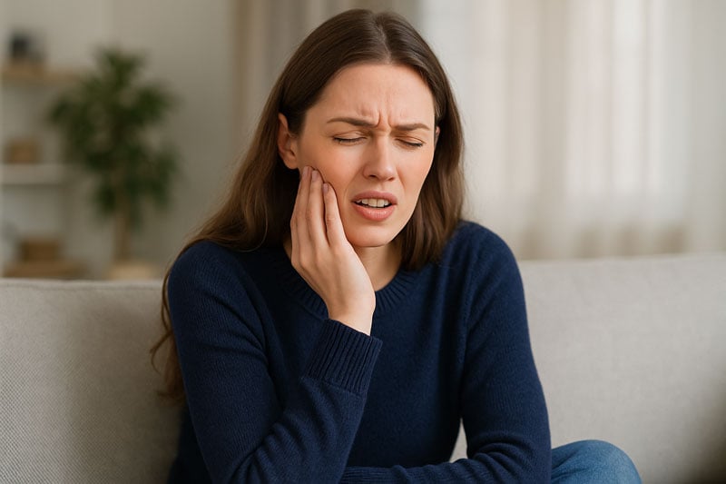 Women sitting on a couch in house, in pain, wisdom tooth pain holding cheek.
